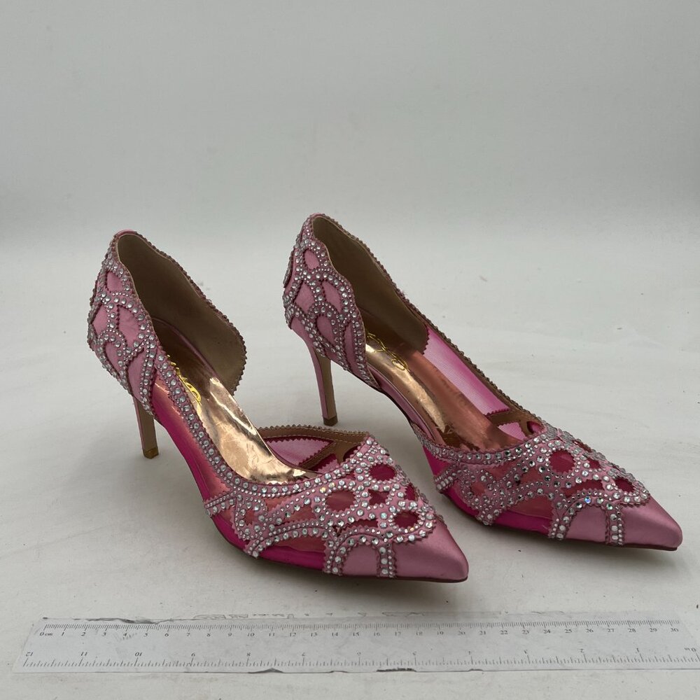XYD Pink Pointy Toe Crystal Studded Bridal High Heel Slip On D'Orsay Mesh Pumps - Picture 4 of 8